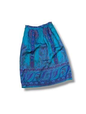 Vintage Blue Pattern Silk Midi Skirt